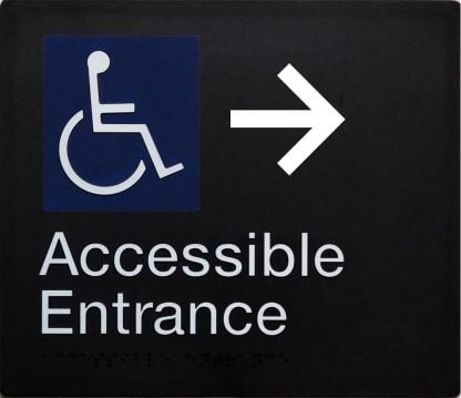 Accessible Entrance Sign Right-hand Arrow White On Black (Braille)