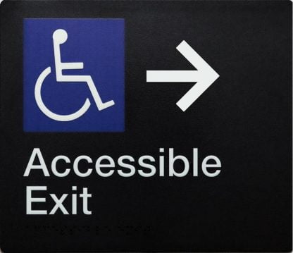 Accessible Exit Sign Right-hand Arrow White On Black (Braille)