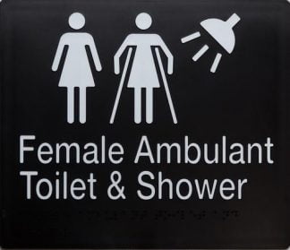 Female/ Female Ambulant & Shower Toilet Sign White On Black 3 Icons (Braille)