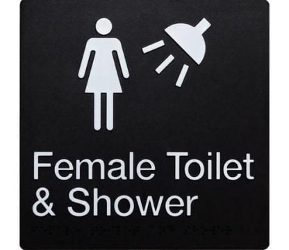 Female Toilet And Shower White On Black 2 Tactile Icons (Braille)