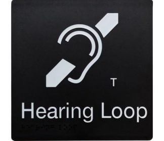 Hearing Loop White On Black T Coil Icon (Braille)