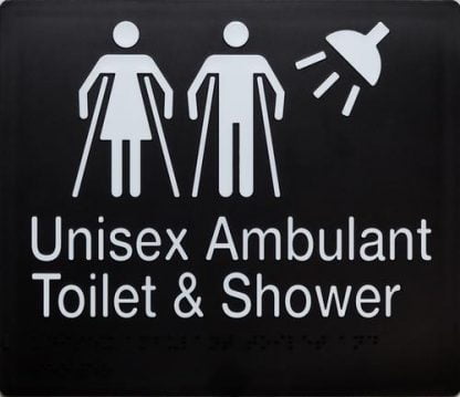 Unisex Ambulant & Shower Toilet White On Black 3 Icons (Braille)