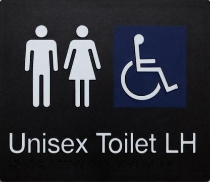 Unisex Accessible Toilet Sign Rh Transfer White On Black Sign 3 Icons (Braille)