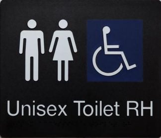 Unisex Accessible Toilet Sign Rh Transfer White On Black Sign 3 Icons (Braille)
