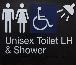 Unisex Toilet Lh And Shower Disabled White On Black 4 Icons (Braille)