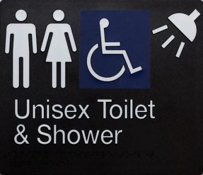 Unisex Toilet And Shower Disabled White On Black 4 Icons (Braille)