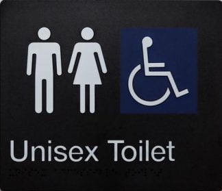 Unisex Accessible Toilet Sign White On Black Sign 3 Icons (Braille)