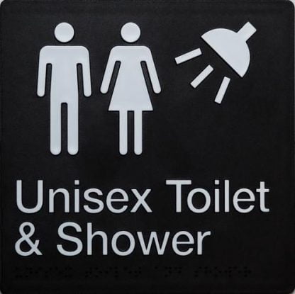 Unisex Toilet And Shower White On Black 3 Tactile Icons (Braille)