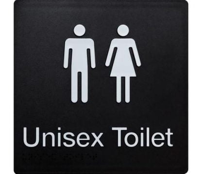 Unisex Toilet White On Black 3 Tactile Icons (Braille)