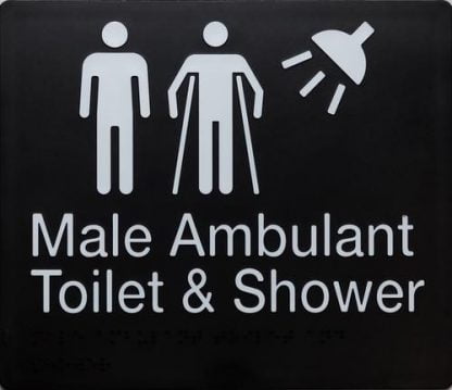 Male/ Male Ambulant & Shower Toilet White On Black 2 Icons (Braille)